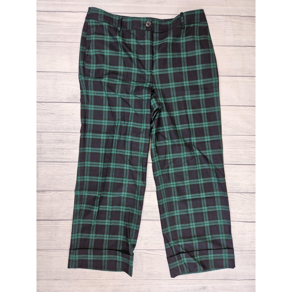 Talbots Tartan Pants Women's 14 Green Black Plaid Wool Blend Cuffed Preppy